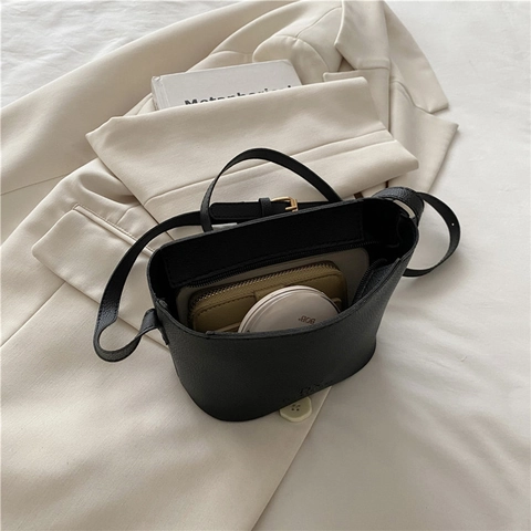 Mini Eimer Umhängetasche Damen Lychee Muster PU Leder Minimalistischer Koreanischer Stil Verstellbarer Gurt Schultertasche