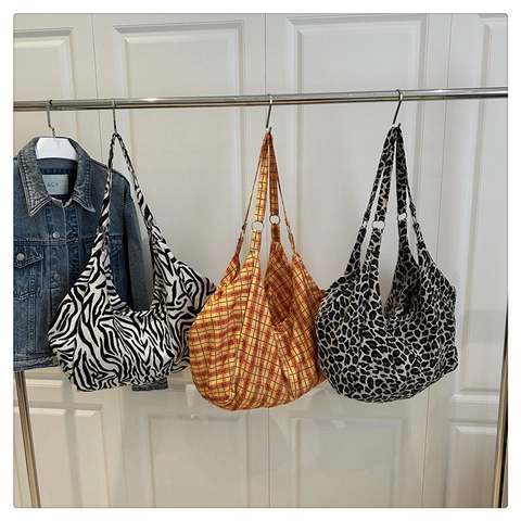 Borsa Tote in Tela Grande Capacità Donna Fantasia a Quadri Zebra Leopardo Casual Borsa a Spalla Pendolare Hobo