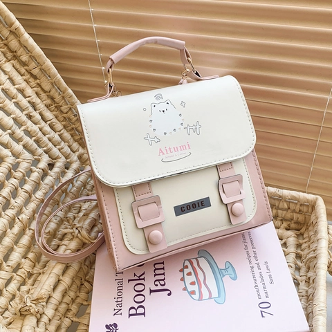 Mini Mochila Con Estampado De Dibujos Animados Bolso De Cuero PU Para Niñas Dulce Rosa Blanco Bloque Color Bandolera