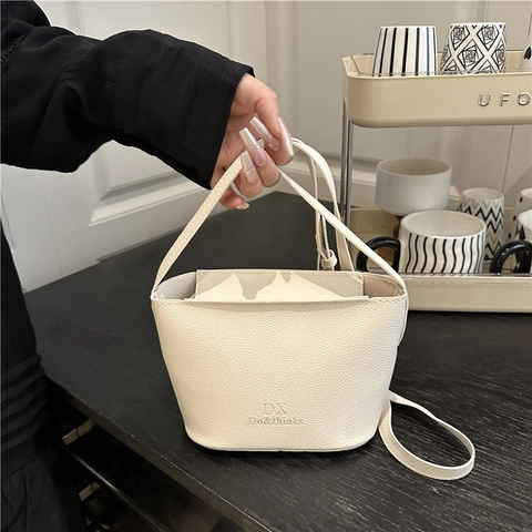 Women Bucket Bag Lychee Grain PU Leather Crossbody Shoulder Handbag Minimalist Urban Casual Daily Mini Fashion Small
