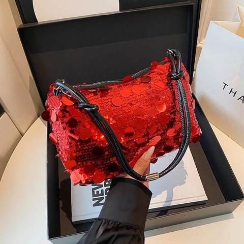 Borsa a Tracolla da Donna alla Moda con Paillettes Scintillanti Borsa Sottobraccio con Cinturino a Nodo e Chiusura a Zip