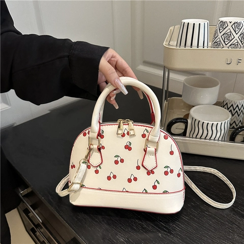 Mode Kersenprint PU Leer Schelptas Voor Vrouwen Grote Capaciteit Contrast Kleur Handtas Zomer Leuke Crossbody Schoudertas