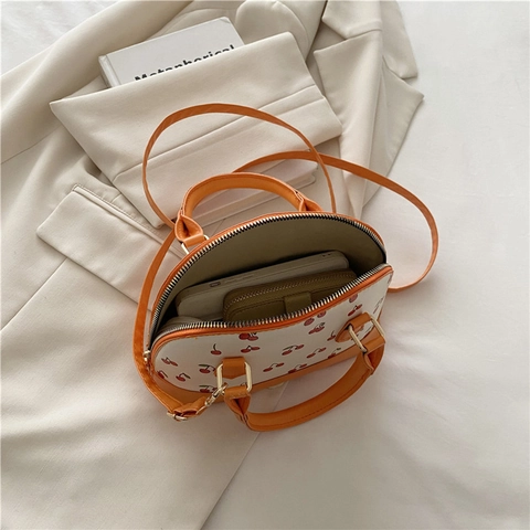 Women Sweet Cherry Print PU Leather Shell Bag Trendy Contrast Color Mini Dome Handbag Crossbody Bag With Adjustable Strap