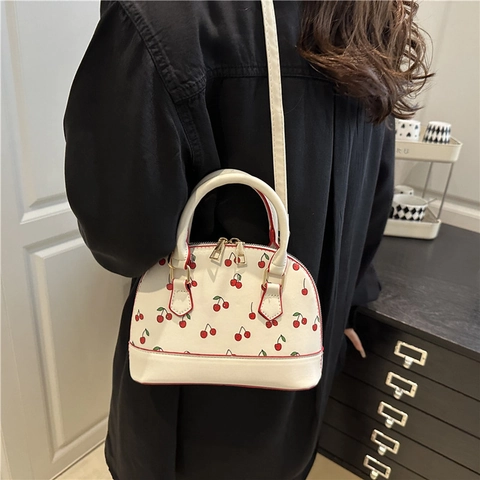 Mode Damen Kirschdruck PU Leder Muschel Tasche Große Kapazität Pendeln Schulter Umhängetasche Minimalistische Handtasche