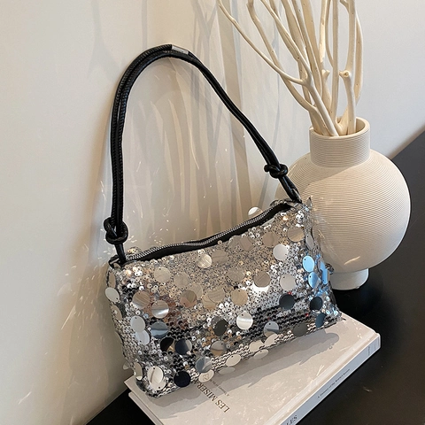 Sequin Shoulder Bag Chic Large Circular Paillettes Underarm Handbag Trendy Disco Party Evening Purse For Women