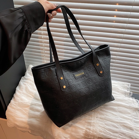 Grote Capaciteit Tote Bag Reliëf PU Leer Letter Geometrisch Patroon Gouden Metalen Plaat Mode Handtas Voor Dames
