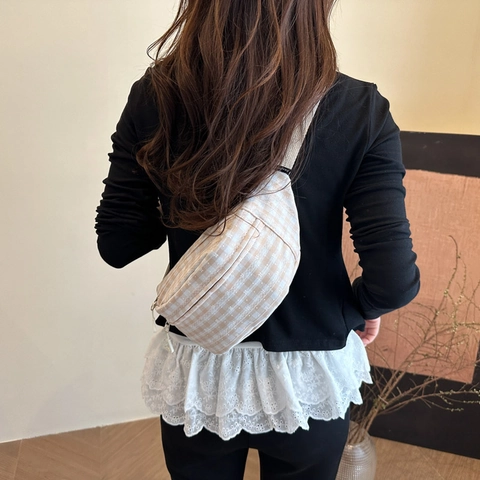 Women Japanese Gingham Waist Bag Fresh Floral Embroidery Chest Bag Simple Versatile Adjustable Strap Crossbody Small Bag