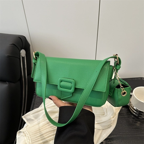 Women Shoulder Bag PU Leather Litchi Texture Rectangular Flap Square Buckle Baguette And Mini Coin Purse Trendy