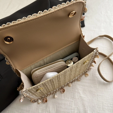 Borsa A Tracolla In Paglia Intrecciata Da Donna Con Nappe Di Conchiglia Patta Borsa Da Spiaggia Vacanze Stile Etnico