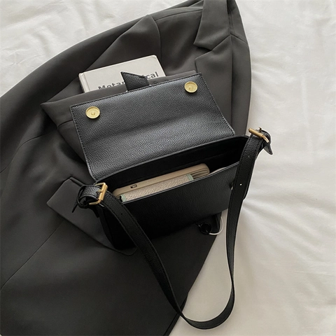 Women Underarm Bag Litchi Grain PU Leather Minimalist Square Buckle Flap Crossbody Bag Handbag French Vintage Style