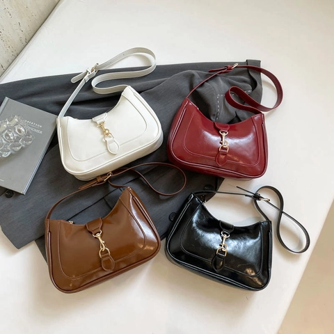 Schoudertas Dames Glanzend PU Leer Retro Okseltas Hobo Handtas Met Metalen Zuigersluiting Verstelbare Riem
