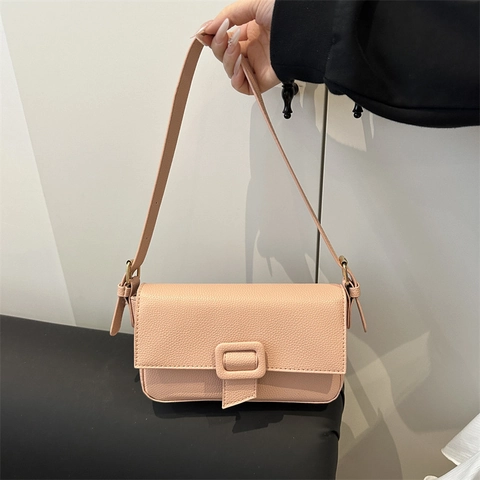 Women Minimalist PU Leather Underarm Bag Litchi Grain Solid Color Shoulder Handbag With Square Buckle Fashion Square Bag