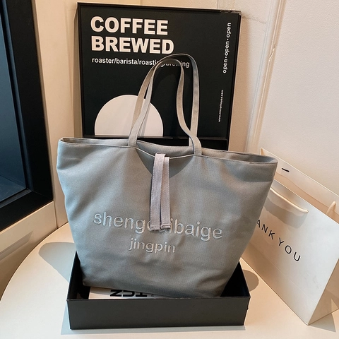 Große Kapazität Canvas Tote Bag Bestickte Buchstaben Reißverschluss Lässige Schulter Handtasche Für Damen Schule Pendeln