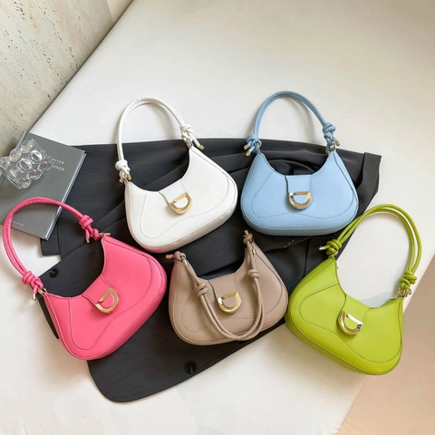 Women PU Leather Hobo Shoulder Bag With Golden Metal D-Buckle Knotted Strap Small Saddle Bag Casual Underarm Purse