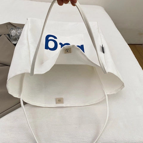 Große Kapazität Leinwand Tote Bag Buchstaben Druck Schulter Handtasche Mit Außentasche Magnetverschluss Casual Style Damen