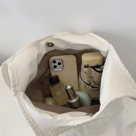 Damen Spitze Tote Schultertasche Blumen Hohl Große Schleife Strand Urlaub Französisch Retro Romantisch Off White Handtasche