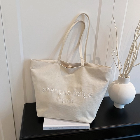 Women Large Capacity Canvas Tote Bag Minimalist Shoulder Bag Embroidered Letter Shopper Handbag For Daily School Work Commute