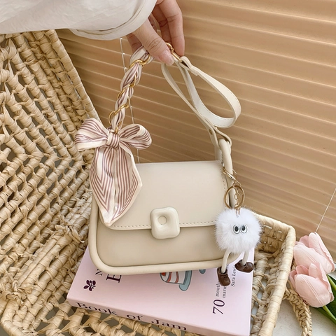 Women Shoulder Crossbody Bag PU Leather Small Square Flip Cover Scarf Wrapped Handle Elegant French Style Messenger Handbag