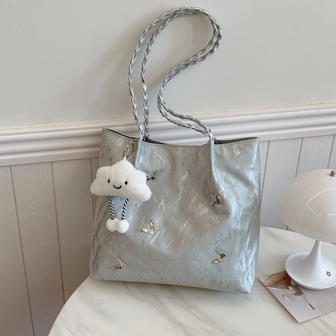Sac Fourre-tout Femme Cuir PU Texture Plissée Papillon Métal Poignée Tressée Décontracté Main