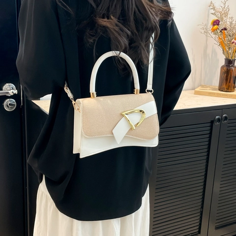 Borsa Tracolla Donna Pelle PU E Tessuto Cuciture Fibbia D Metallo Manico Superiore Chic Pendolare Piccola Borsa Mano Quadrata