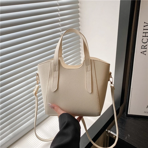Women Lychee Grain PU Leather Crossbody Bucket Bag Dual Handles Adjustable Strap Gold Hardware Simple Chic Tote