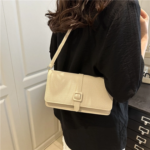 Bolso Sobaco de Cuero PU para Mujer de Estilo Francés Color Sólido Minimalista Pequeño Bolso de Hombro Cuadrado Detalle de Pespuntes