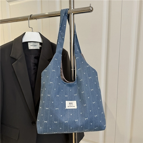Canvas Draagtas Voor Dames Met Strik En Hartjesprint Grote Capaciteit Schoudertas In Denimstijl Zomervakantie