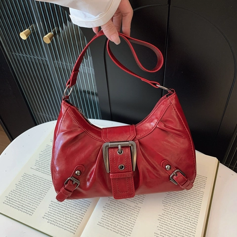Bolso De Axila Retro Cuero PU Brillante Hebilla De Metal Plateada Plisado Estilo Moto Bolso De Hombro Mujeres