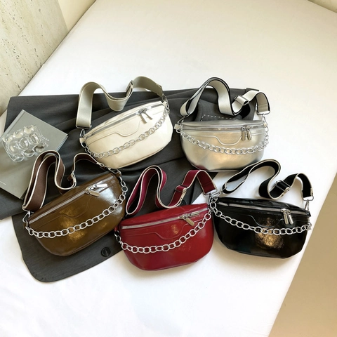 Women Waist Bag PU Leather Chest Bag Silver Chain Decoration Adjustable Wide Fabric Strap Street Style Fashionable