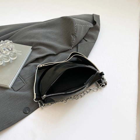 Women Waist Bag PU Leather Chest Bag Silver Chain Decoration Adjustable Wide Fabric Strap Street Style Fashionable