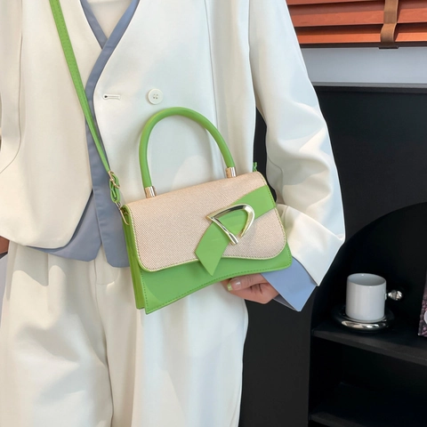 Dames Mode Contrastkleur PU Leer Splicing Handtas Vintage Geweven Textuur Crossbodytas Met Metalen Gesp D Handtas