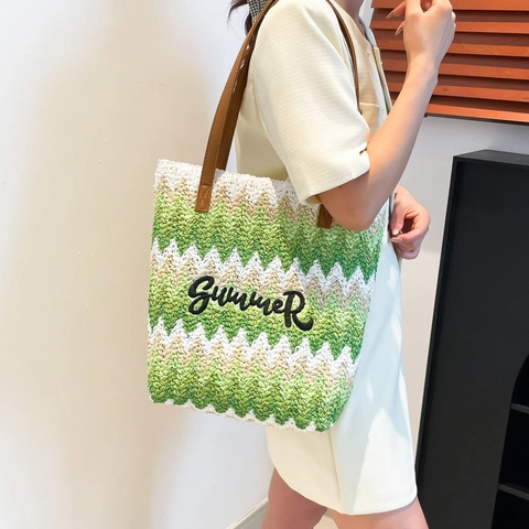 Gewebte Stroh-Tragetasche Große Kapazität Wellenmuster Mit Kunstledergriffen Sommerstickerei Strandurlaub Handtasche Für Damen