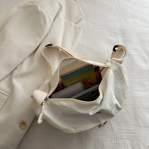 Pleated Nylon Dumpling Crossbody Bag Half Moon Shoulder Bag With Adjustable Wide Strap Casual Minimalist Chest Bag Unisex