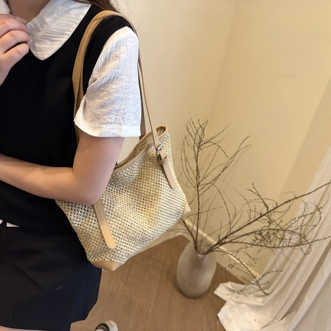 Dames Bohemian Stro Tote Bag Met Contrast PU Leren Bies Grote Capaciteit Hol Geweven Schoudertas Voor Zomer Strand Vakantie