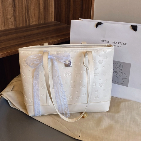 Borsa Tote da Donna in Pelle PU con Rilievo Grande Capacità Borsa a Tracolla Casual con Fiocco in Pizzo Decorazione