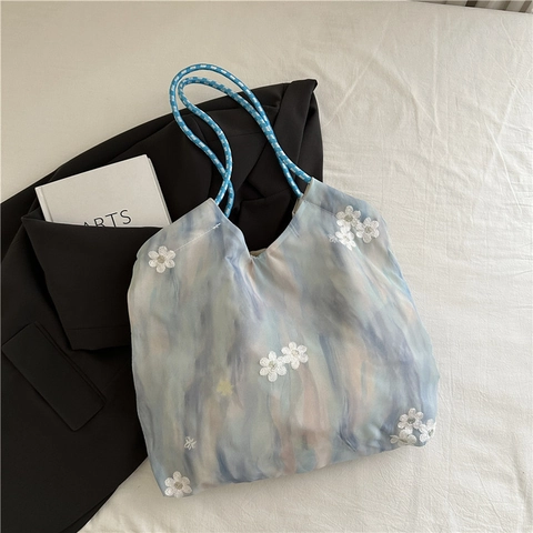 Sac Fourre-tout Broderie Fleur Tie Dye Grande Capacité Mesh Organza Sac À Épaule Style Frais Pour Femmes