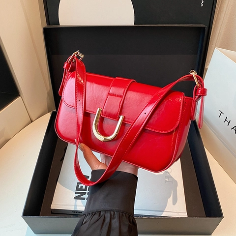 Bolso de Axila de Cuero PU Vintage para Mujer Color Sólido Bolso de Hombro con Solapa y Hebilla de Metal Dorado