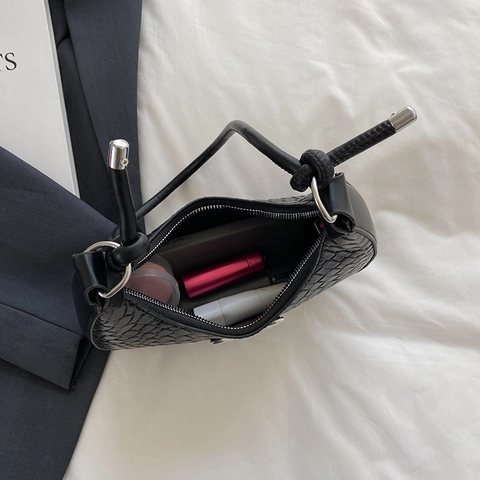 Damen Halbmond Hobo Schultertasche PU Leder Gewebte Krokodil Textur Silber Metall Schleife Unterachseltasche Knotenriemen