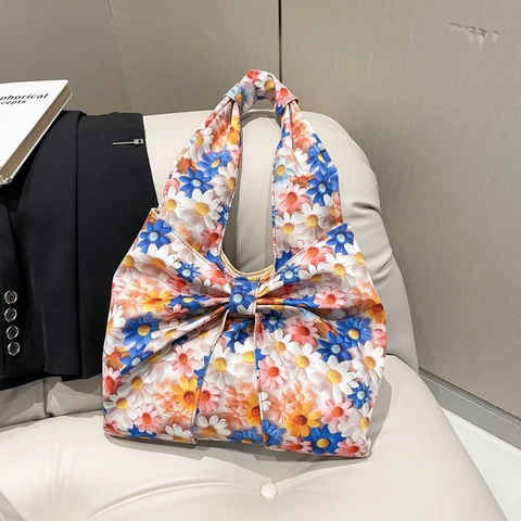 Schultertasche Mit Blumendruck Große Schleife Nylon Stoff Leichte Süße Lässige Hobo Tasche Damen