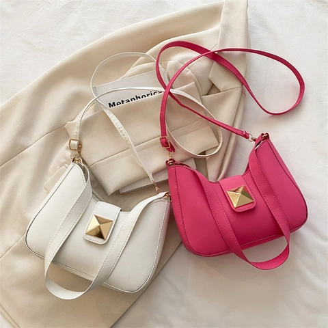 Women Shoulder Bag PU Leather Square Pyramid Stud Magnetic Snap Crescent Hobo Underarm Handbag Adjustable Strap