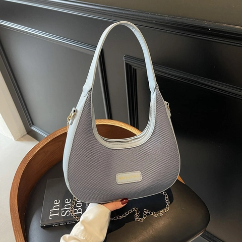 Damen Hobo Tasche Gewebte Textur PU Leder Mondform Schulter Umhängetasche Mit Metallkette Modisch Trendig Urban Elegant
