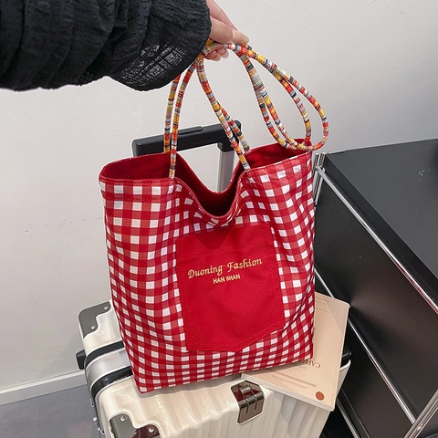 Sac Cabas Réversible En Toile Gingham Pour Femmes Sac À Main À Carreaux Double Face Avec Sangle Tissée Colorée Rétro