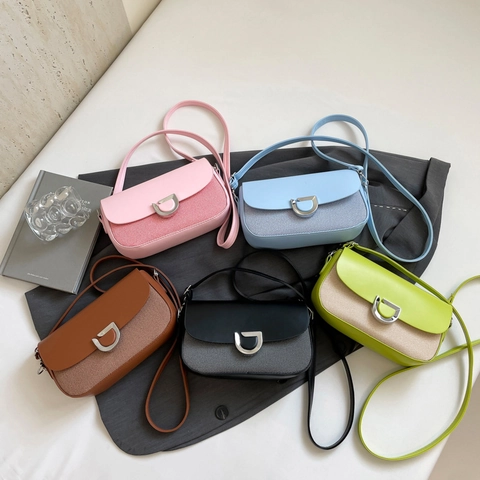 Bolso de Hombro de Retazos de Cuero PU para Mujer Color de Contraste Bolso Bandolera de Textura Tejida Con Hebilla D de Metal Bolso Cuadrado