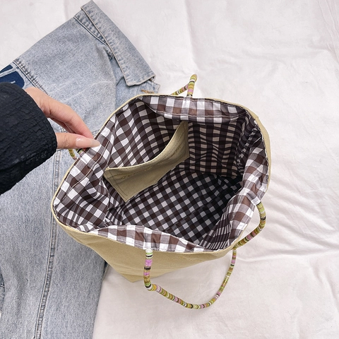 Sac Cabas Réversible En Toile Gingham Pour Femmes Sac À Main À Carreaux Double Face Avec Sangle Tissée Colorée Rétro