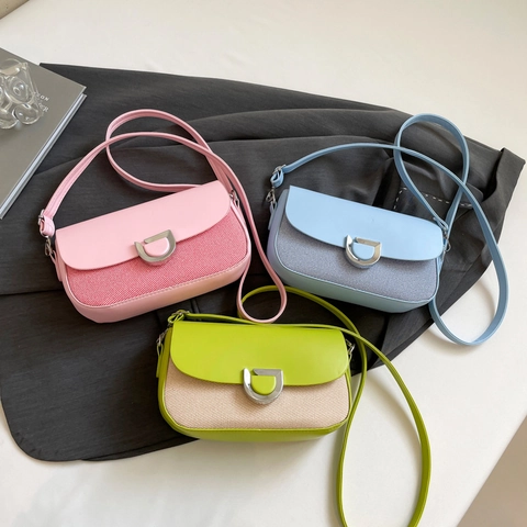 Borsa Tracolla Donna Retrò Pelle PU Tessuto Patchwork Borsa Spalla Quadrata Tendenza Semplice Versatile Fibbia Metallo