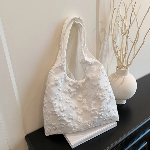 Sac Cabas Femme Tissu Jacquard Relief Fleur Papillon Texture Grande Capacité Décontracté Quotidien Style Frais Sac À Main