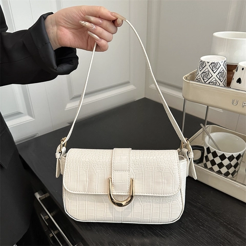 Retro Krokodilmuster Damen Achseltasche PU Leder Minimalistische Schultertasche Mit Goldener U Schnalle Pendler Mode Handtasche