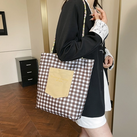 Trendy Canvas Plaid Tote Bag For Women Retro Large Capacity Underarm Shoulder Bag With Colorful Beaded Strap Casual Handbag Travel Shopper Purse