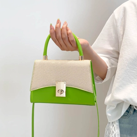 Borsa Tracolla Donna Patchwork Pelle PU Tessuto Manico Superiore Borsa Mano Serratura Metallo Quadrata Moda Pendolare