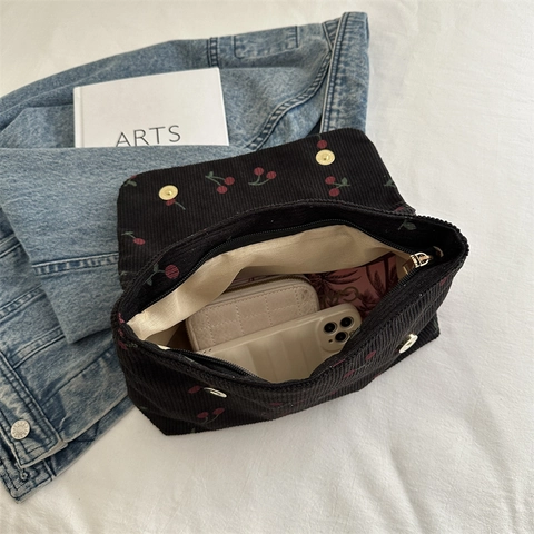 Borsa A Tracolla Vintage In Velluto A Coste Con Stampa Ciliegia Tracolla In Catena Di Metallo Per Donna